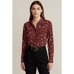 Vintage Ralph Lauren Maroon Paisley Button Down Shirt Blouse Size 4 Shoulder Pad